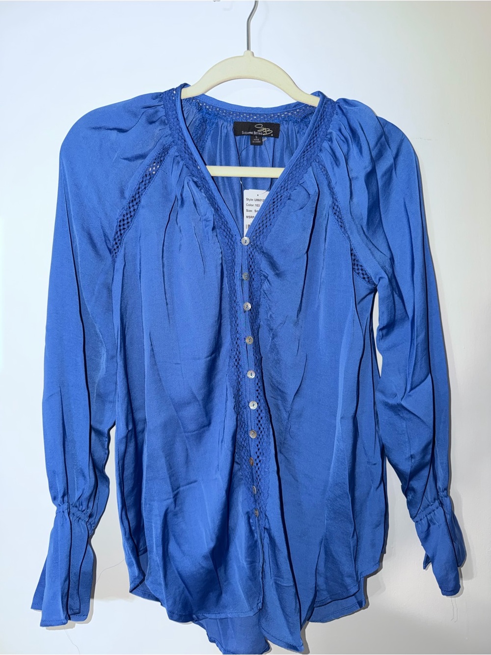 Suzanne Betro Blue Button-Front Peasant Blouse